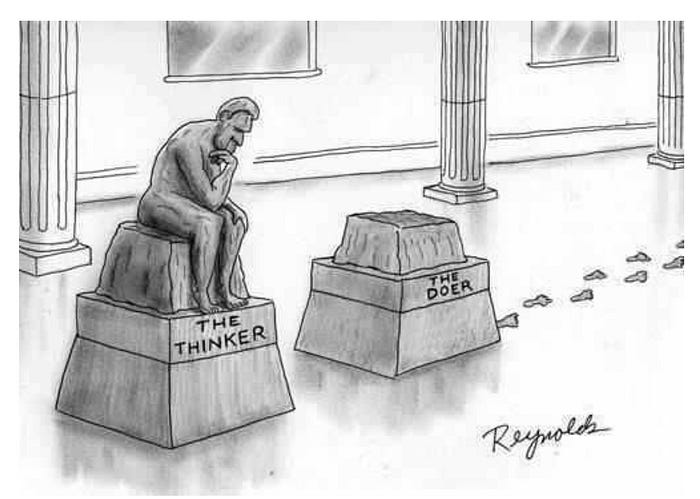 A statue of The Thinker, with a second empty pedestal with footsteps leading away. The second pedestal is titled ‘The Doer’.